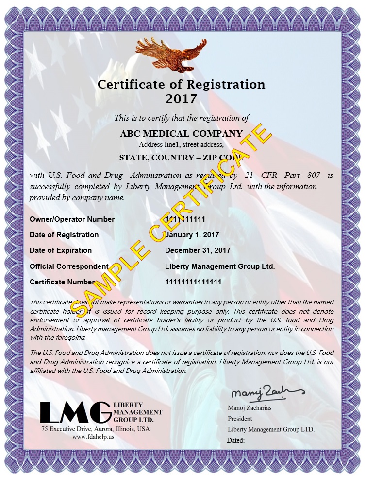 Certificate of FDA Registration fdahelp us