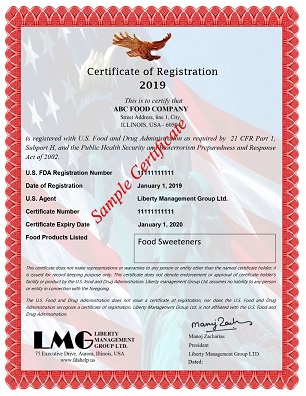 FDA Certificate - Food - Sweeteners